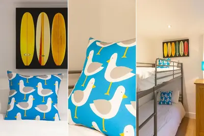 three pictures of a room with surfboards and a bedroom at Tara in St Ives