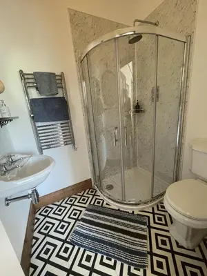 a bathroom with a shower and a toilet and a sink at Treganoon House, Lanlivery in Bodmin