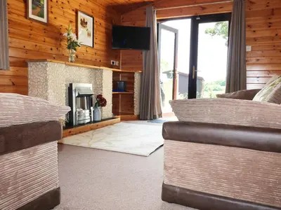 a living room with a fireplace in a house at Oak Lodge in Falmouth