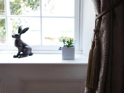 a rabbit sitting on a window sill next to a plant at Pengelly Farmhouse B&B in Truro