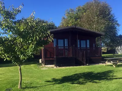 a log cabin in a park with a tree at St. Tinney Farm in Bude