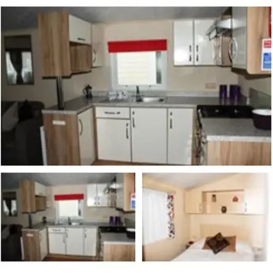 two pictures of a kitchen with white cabinets at Take me to the beach at J&S caravan holidays Newquay Bay resort in Saint Columb Minor