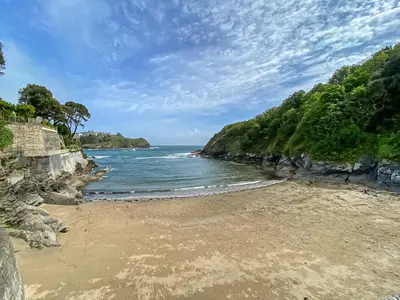 a beach next to the ocean on a cloudy day at Haybarn in Fowey