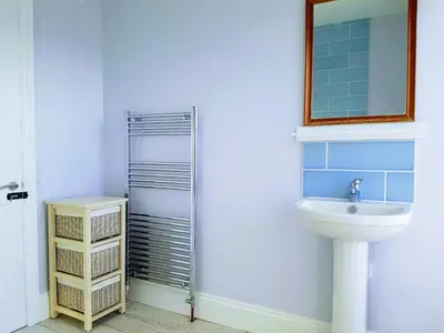 a bathroom with a sink and a mirror at Big, Beautiful, Cosy Falmouth House in Falmouth
