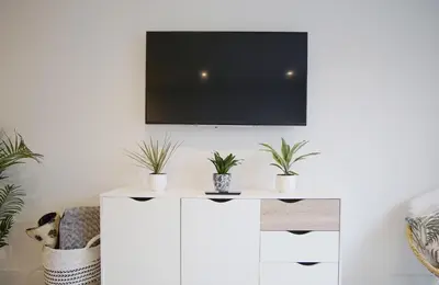 a living room with a tv on a white cabinet with plants at Saltwater Newquay in Newquay