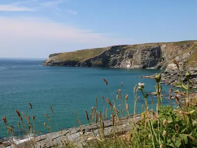 a view of a body of water with a cliff at Gull Rock in Tintagel