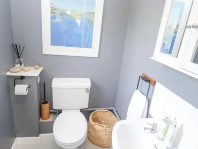a bathroom with a white toilet and a sink at Tranquility in Falmouth