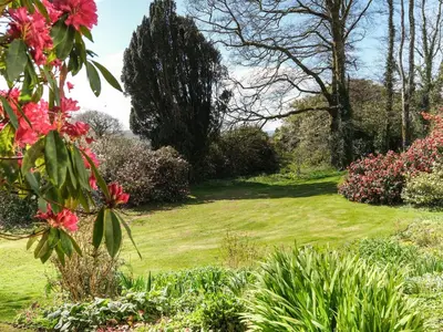 a garden with red flowers and bushes at The Patio Flat in Bodmin