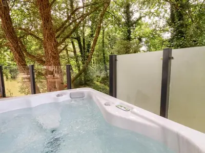 a bath tub in front of a window with trees at 6 Water's Edge in Looe