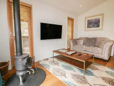a living room with a couch and a wood stove at 9 Stonerush Valley in Looe