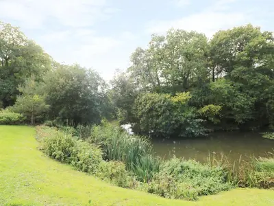 a pond in a park with trees and grass at 6 Streamside in Looe