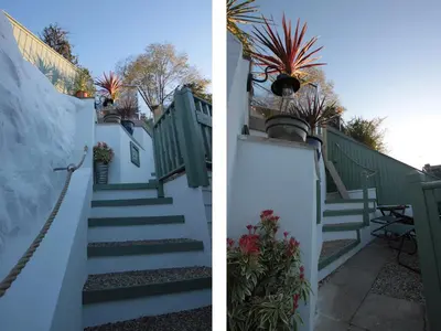 two pictures of a stairway with a house at The Shell Seekers in Fowey