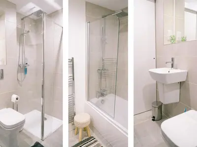 two views of a bathroom with a shower and a toilet at Sidings at Brunel Two in Lostwithiel