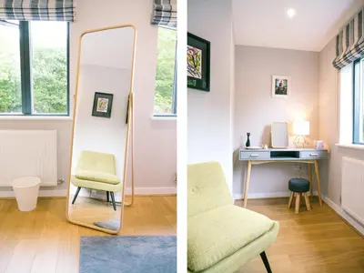 a room with a mirror and a chair and a desk at Sidings at Brunel Two in Lostwithiel