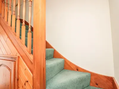 a stairway with green carpet and wooden stairs at Sorrel Cottage in Padstow