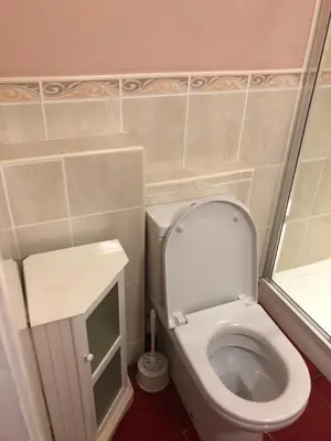 a small bathroom with a toilet and a window at Jasmine House in Newquay