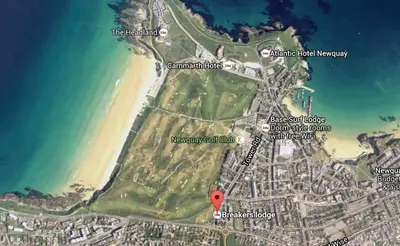 a map of a beach with a red marker at Breakers Guest House in Newquay