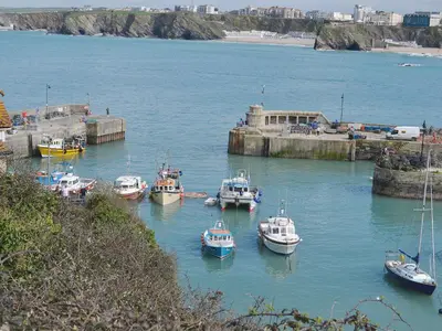 a group of boats are docked in a harbor at Towan View in Newquay