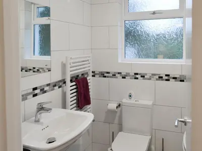 a white bathroom with a toilet and a sink at Treen in Lansallos