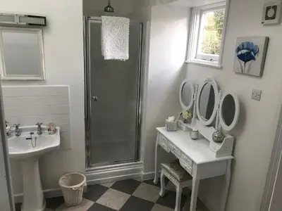 a bathroom with a shower and a sink and mirrors at Park Farmhouse Bed and Breakfast in Washaway