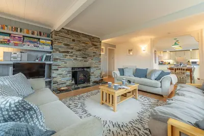 a living room with two couches and a fireplace at Palm Trees in Polzeath