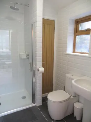 a bathroom with a toilet and a shower and a sink at Quay Courtyard, on the harbour with free parking in Charlestown