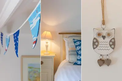 a collage of three pictures of a bedroom with an owl ornament at Whistler's Rest in St Ives