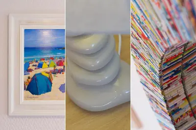 a picture of a stack of books and a picture of a beach at 85 Back Road East in St Ives