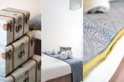 a group of three pictures of a bed with trunks at Mariner's Belle in St Ives