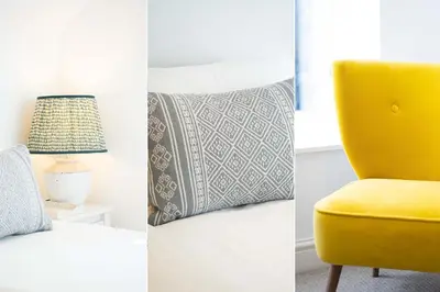 two images of a yellow chair and a lamp at Shrimp Cottage in St Ives