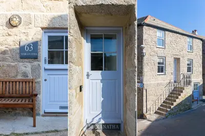 two pictures of a building with a blue door and a bench at Maranatha in St Ives