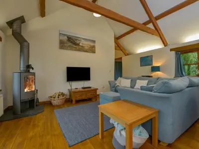 a living room with a blue couch and a fireplace at Hook Cottage in Looe