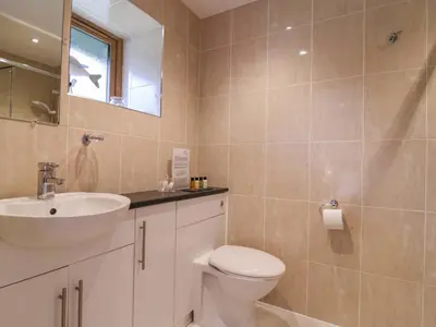 a bathroom with a toilet and a sink and a mirror at Cawsand in Saltash