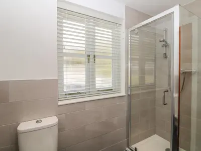 a bathroom with a shower and a toilet and a window at Speedwell in Charlestown