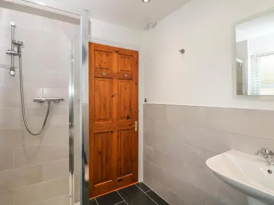 a bathroom with a shower and a wooden door at Speedwell in Charlestown