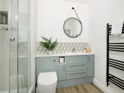 a bathroom with a toilet and a sink and a mirror at 50 Bredon Court in Newquay