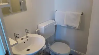 a bathroom with a white toilet and a sink at Surfside Stop in Newquay