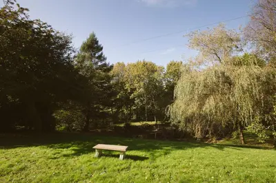 a bench sitting in the grass in a field at Chycara House in Truro