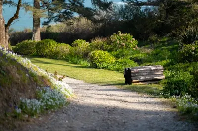 a bench sitting on the side of a dirt road at Hotel Meudon in Falmouth