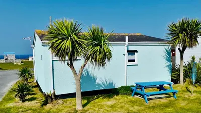 a blue bench in front of a house with a palm tree at Pensilva in Hayle