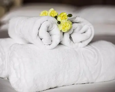 a couple of towels with flowers on top of them at King Arthurs Arms in Tintagel