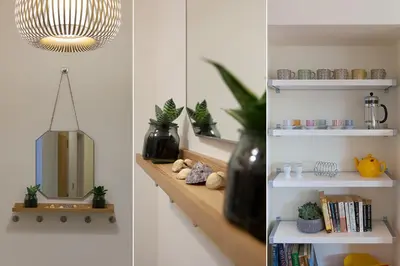 a room with a shelf with plants and a mirror at Sea Scapes in St Ives