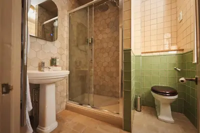 a bathroom with a shower and a toilet and a sink at The Rising Sun in Saint Mawes
