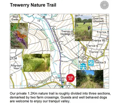 a map of a trail with a butterfly on it at Bowgie at Trewerry Cottages - Away from it all, close to everywhere in Newquay