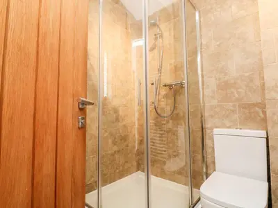 a bathroom with a shower and a toilet at Leghorn in St Austell