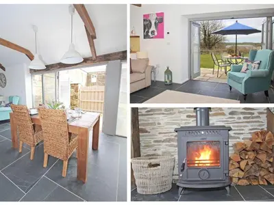 a collage of pictures of a living room with a fireplace at The Old Dairy in Padstow