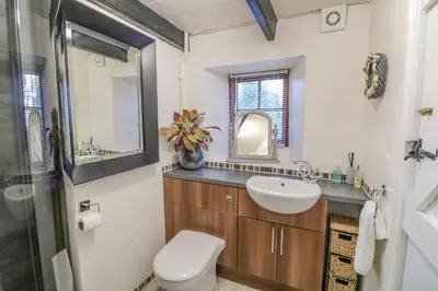 a bathroom with a sink and a toilet and a mirror at Pippin in St Ives