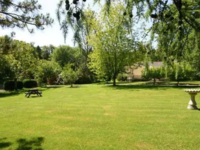 a park with a picnic table and a bench in the grass at Trelaze in Wadebridge