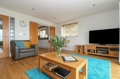 a living room with a television and a vase of flowers on a table at Rock Pool in Downderry
