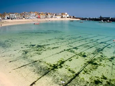 an aerial view of a beach with boats in the water at White Duck Cottage in Hayle